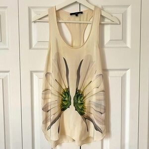 Tibi Cream Silk Racerback Tank Top, Green/Grey Graphic Floral Print, Size 0 (XS)
